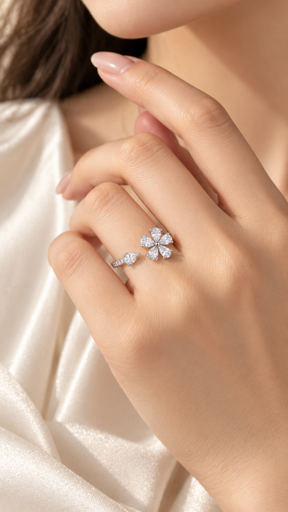 Silver CZ Floral Adjustable Ring