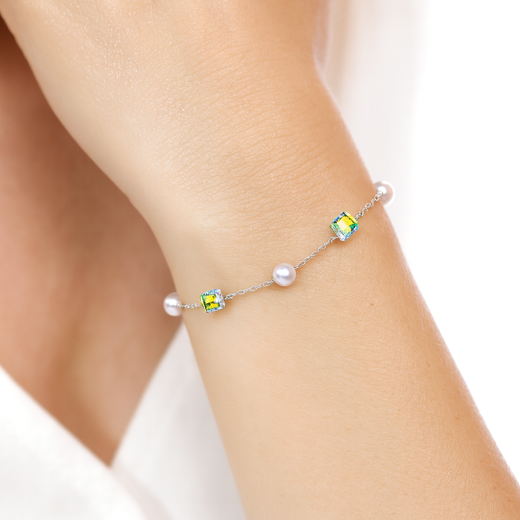 Silver Pearl & Crystal Cube Charm Bracelet for Women