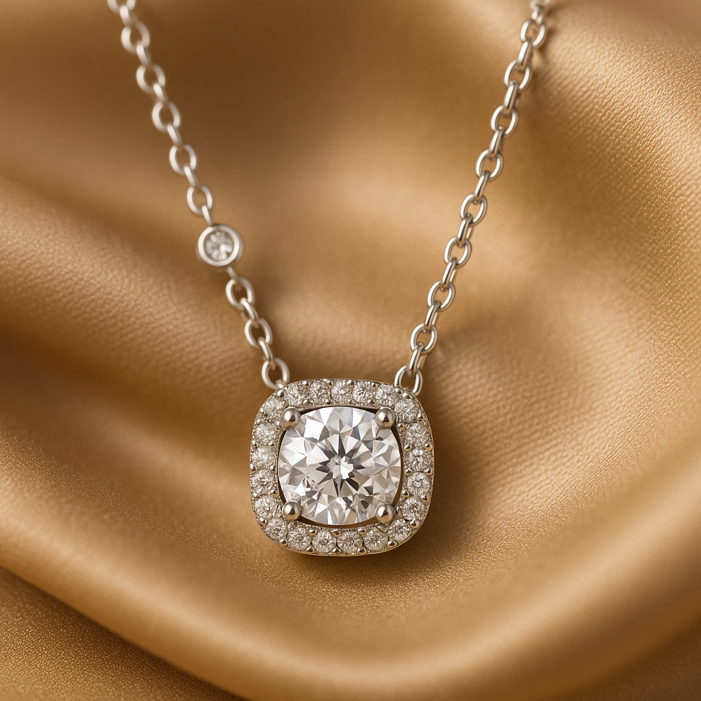 925 Silver Cushion Halo Pendant Necklace for Women – Elegant CZ Diamond Chain Design