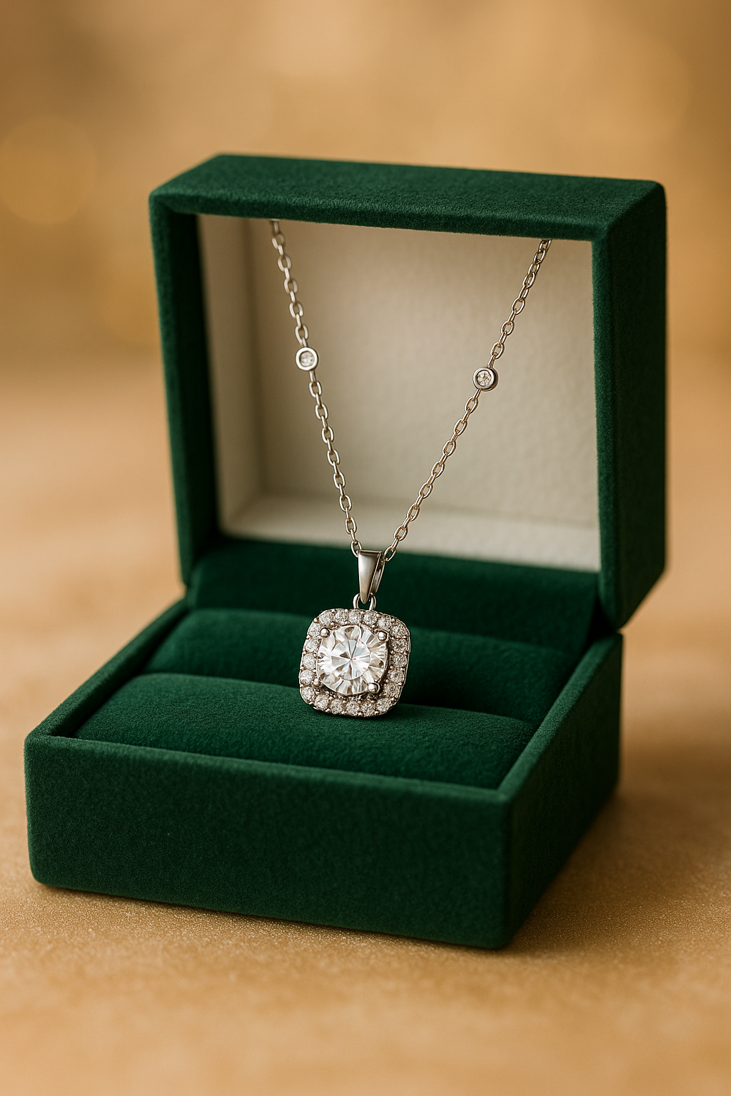 925 Silver Cushion Halo Pendant Necklace for Women – Elegant CZ Diamond Chain Design