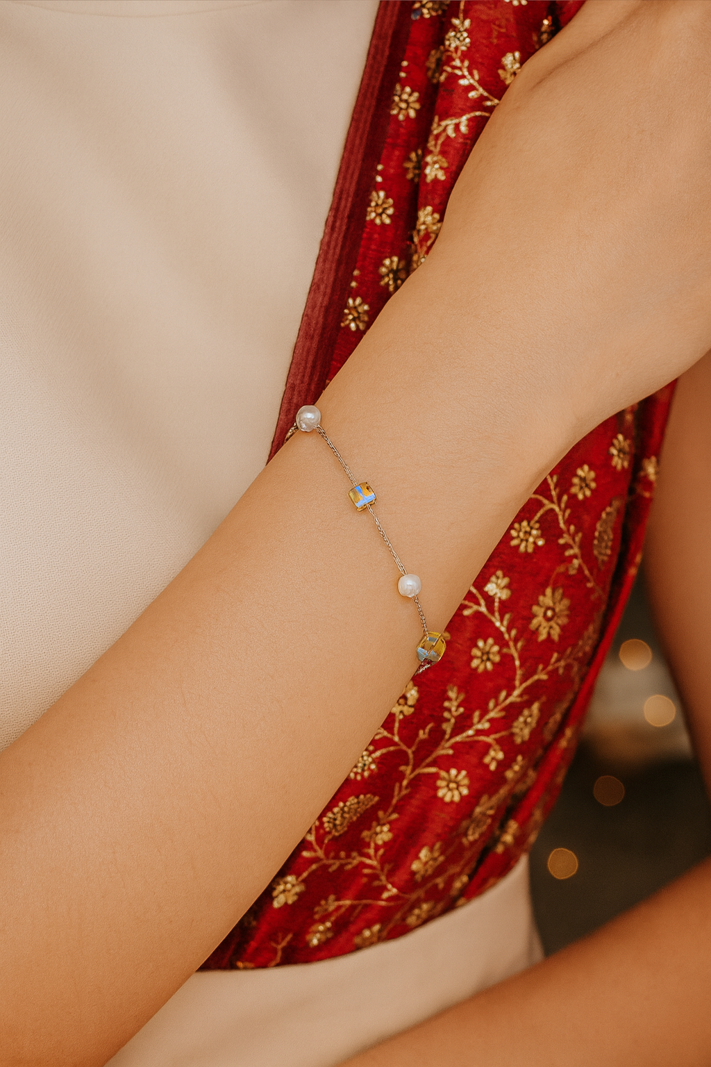 Silver Pearl & Crystal Cube Charm Bracelet for Women