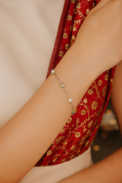 Silver Pearl & Crystal Cube Charm Bracelet for Women