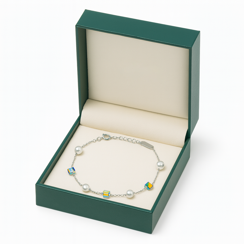 Silver Pearl & Crystal Cube Charm Bracelet for Women