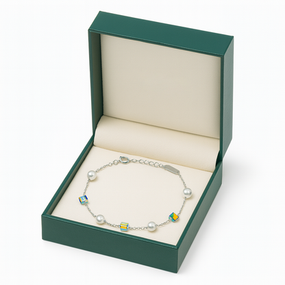 Silver Pearl & Crystal Cube Charm Bracelet for Women