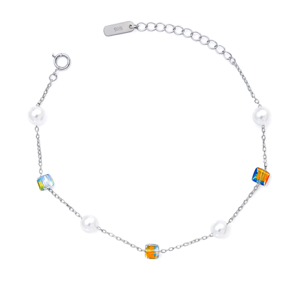 Silver Pearl & Crystal Cube Charm Bracelet for Women