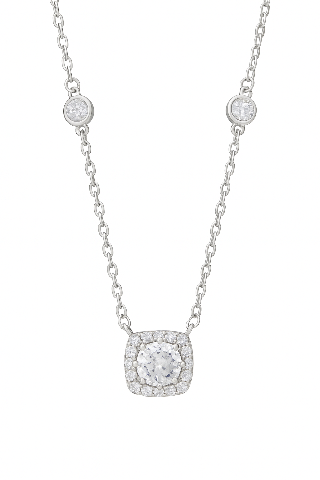 925 Silver Cushion Halo Pendant Necklace for Women – Elegant CZ Diamond Chain Design