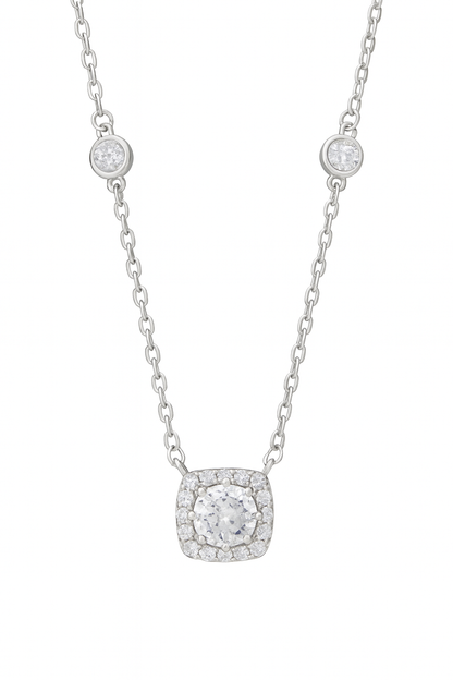 925 Silver Cushion Halo Pendant Necklace for Women – Elegant CZ Diamond Chain Design