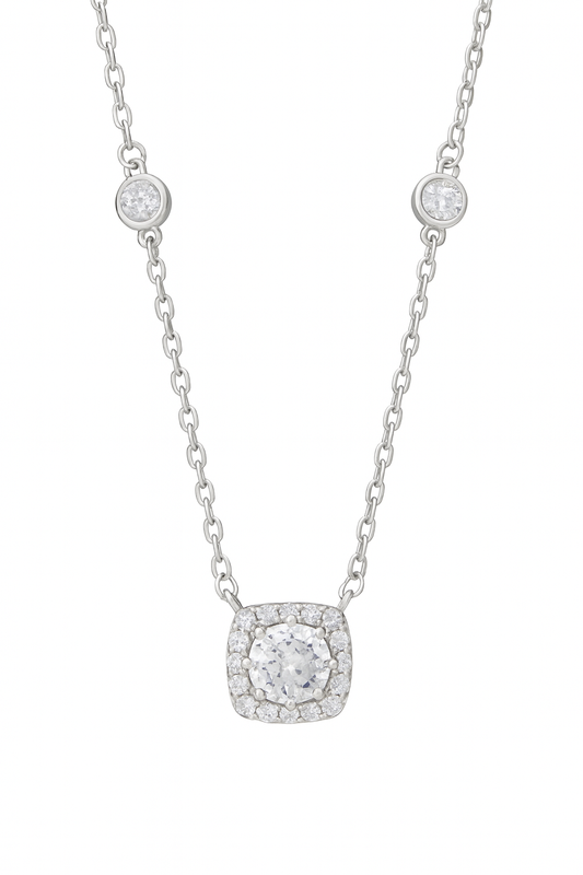925 Silver Cushion Halo Pendant Necklace for Women – Elegant CZ Diamond Chain Design
