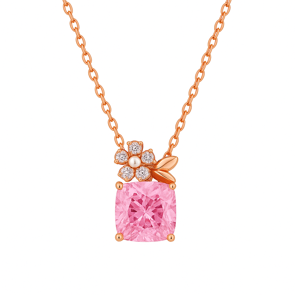 Rose Gold Plated Floral Pendant Necklace for Women – Pink CZ Stone & Pearl Accent
