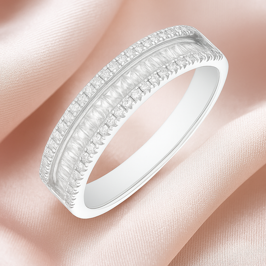 Classic Double Row Silver Band Ring with Crystal Accents