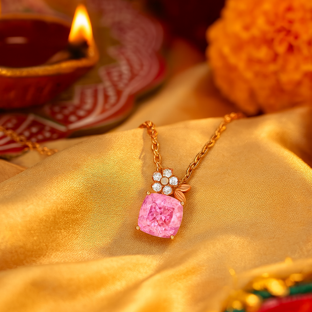 Rose Gold Plated Floral Pendant Necklace for Women – Pink CZ Stone & Pearl Accent