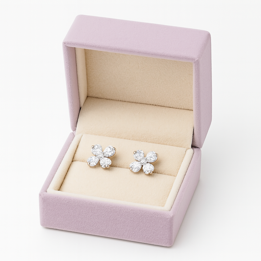 Cubic Zirconia Floral Stud Earrings for Women – Elegant 4-Petal Crystal Design