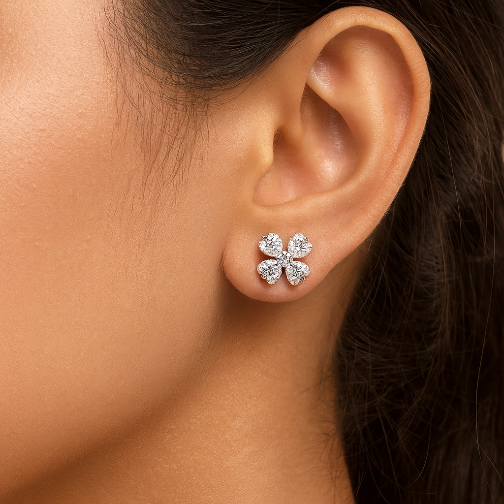 Cubic Zirconia Floral Stud Earrings for Women – Elegant 4-Petal Crystal Design