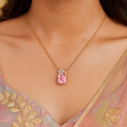 Rose Gold Plated Floral Pendant Necklace for Women – Pink CZ Stone & Pearl Accent