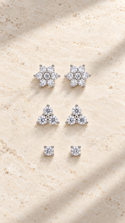 Floral Cluster, Three Stone Solitaire Stud Earrings Set - Aaryahi Silver jewellery product photo