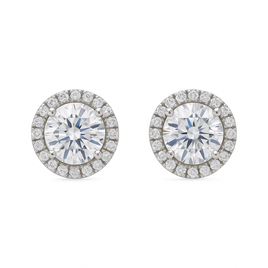 Elegant Halo Round CZ Stud Earrings for Women | Sparkling Silver-Tone Classic Daily Wear
