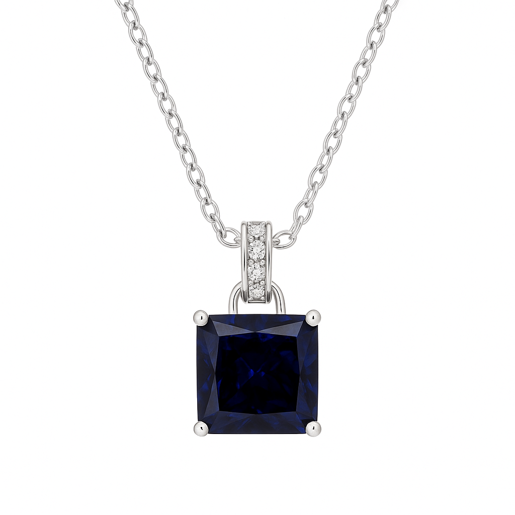 925 Silver Blue Sapphire Square Pendant Necklace for Women – Elegant CZ Accent Chain Design
