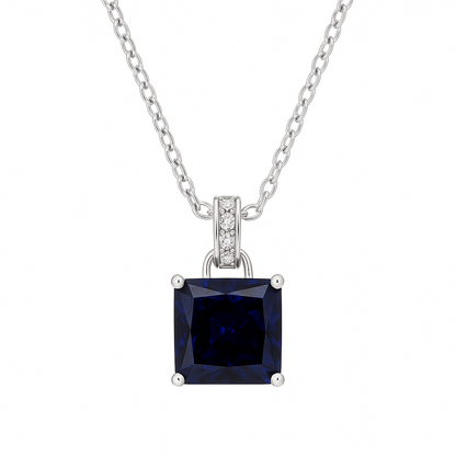 925 Silver Blue Sapphire Square Pendant Necklace for Women – Elegant CZ Accent Chain Design