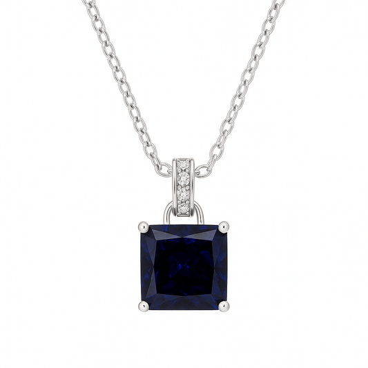 925 Silver Blue Sapphire Square Pendant Necklace for Women – Elegant CZ Accent Chain Design