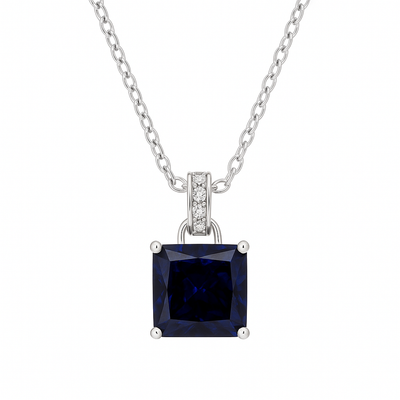 925 Silver Blue Sapphire Square Pendant Necklace for Women – Elegant CZ Accent Chain Design
