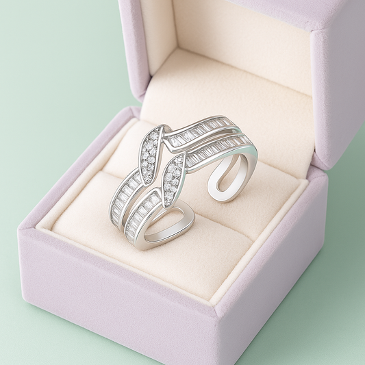 Modern Double Band Silver Ring with Crystal Accents