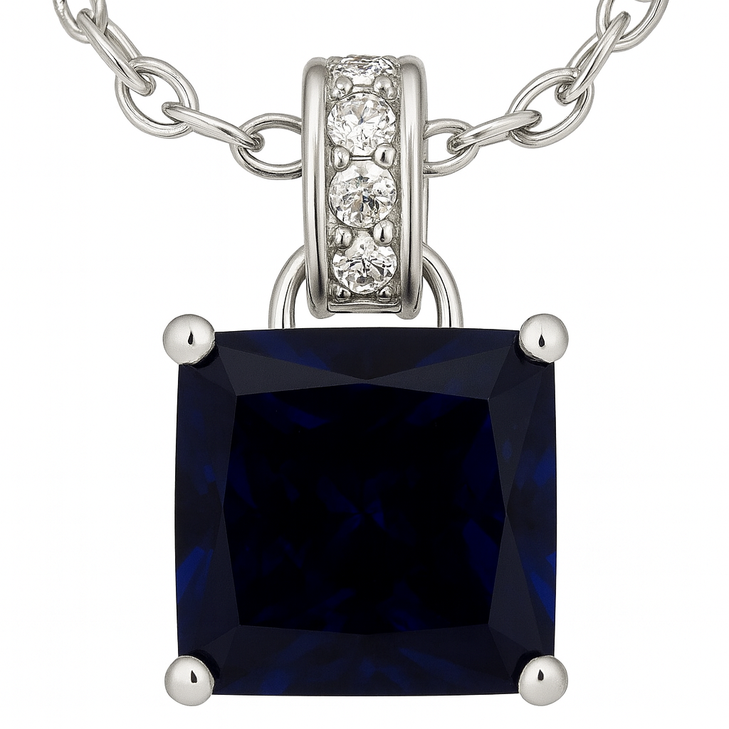 925 Silver Blue Sapphire Square Pendant Necklace for Women – Elegant CZ Accent Chain Design
