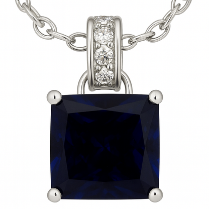 925 Silver Blue Sapphire Square Pendant Necklace for Women – Elegant CZ Accent Chain Design