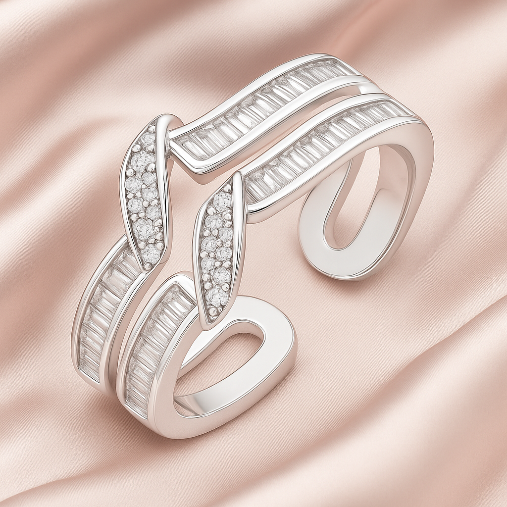 Modern Double Band Silver Ring with Crystal Accents