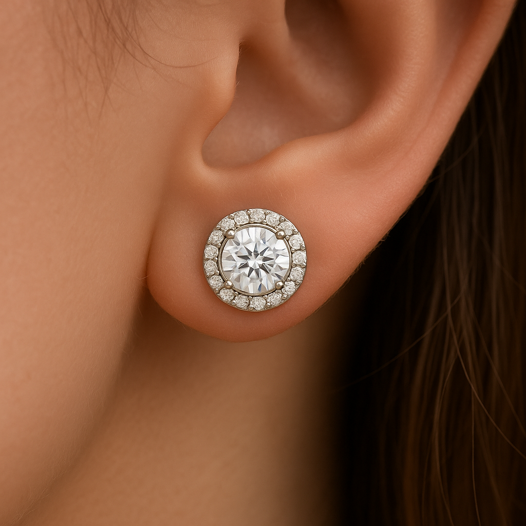Elegant Halo Round CZ Stud Earrings for Women | Sparkling Silver-Tone Classic Daily Wear