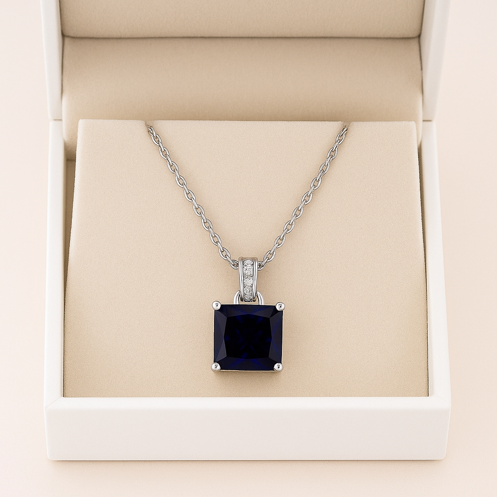 925 Silver Blue Sapphire Square Pendant Necklace for Women – Elegant CZ Accent Chain Design