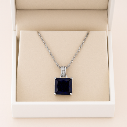 925 Silver Blue Sapphire Square Pendant Necklace for Women – Elegant CZ Accent Chain Design