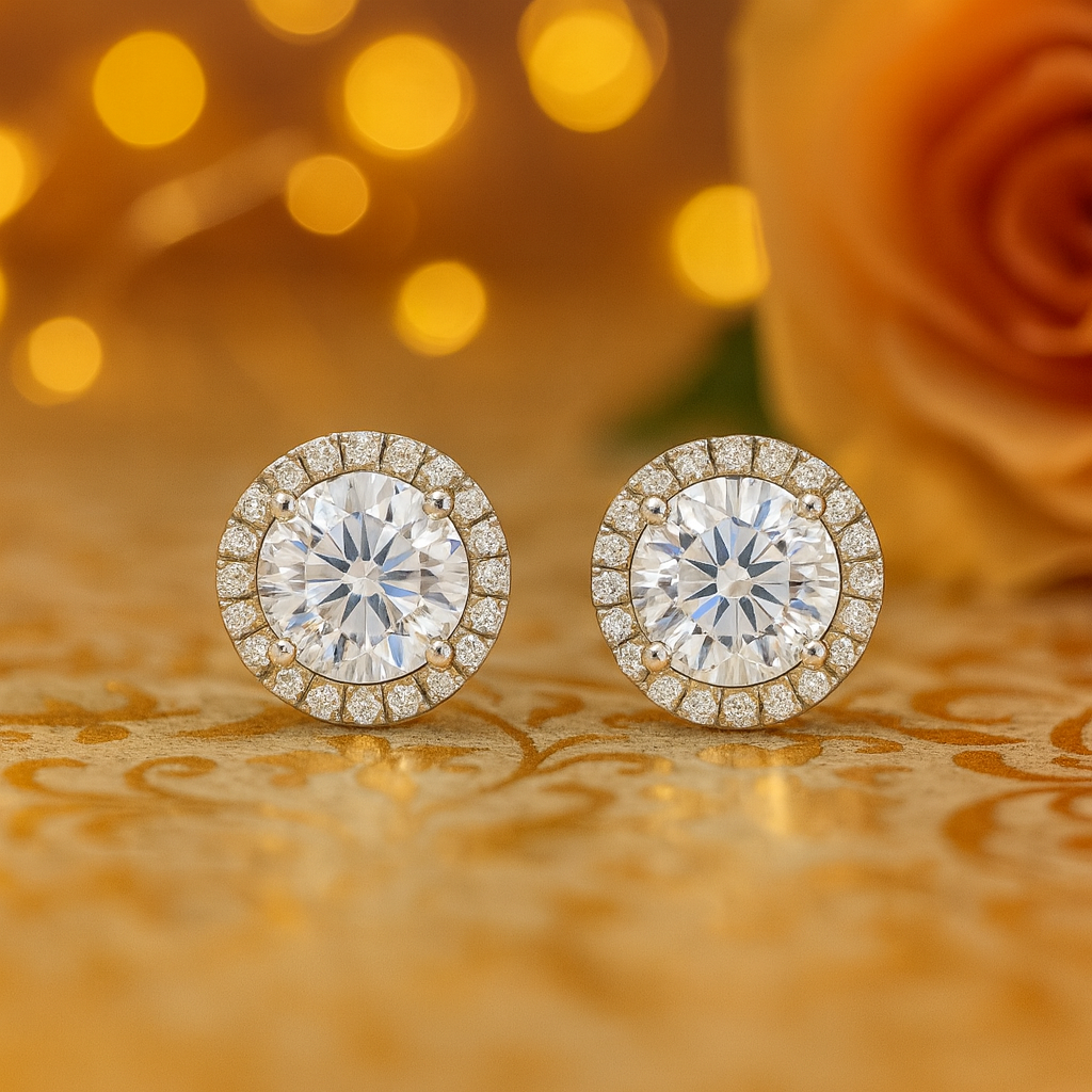 Elegant Halo Round CZ Stud Earrings for Women | Sparkling Silver-Tone Classic Daily Wear