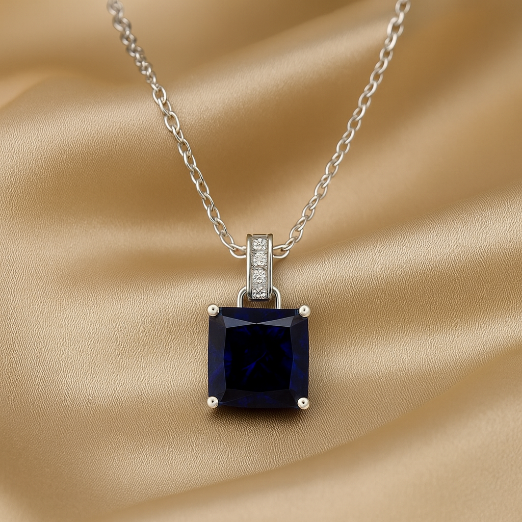 925 Silver Blue Sapphire Square Pendant Necklace for Women – Elegant CZ Accent Chain Design