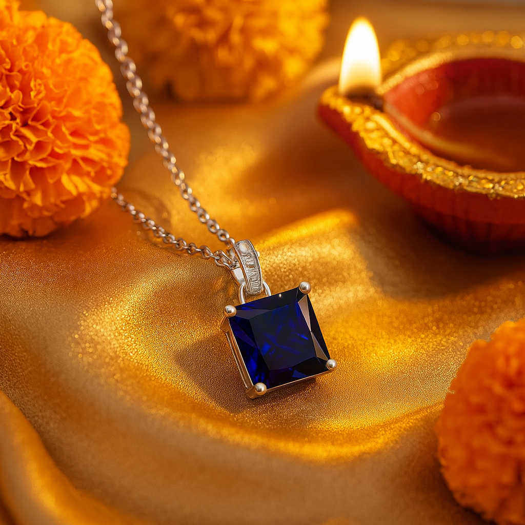925 Silver Blue Sapphire Square Pendant Necklace for Women – Elegant CZ Accent Chain Design