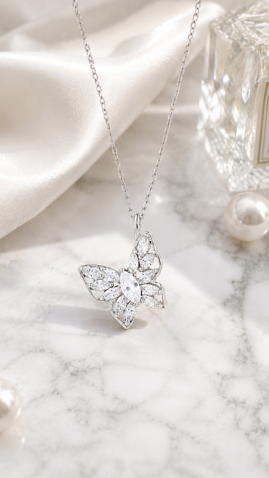 Elegant Silver Butterfly Marquise CZ Pendant Necklace