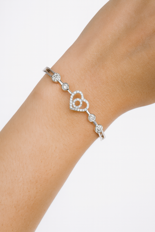 Silver Heart Zircon Accent Bangle for Women