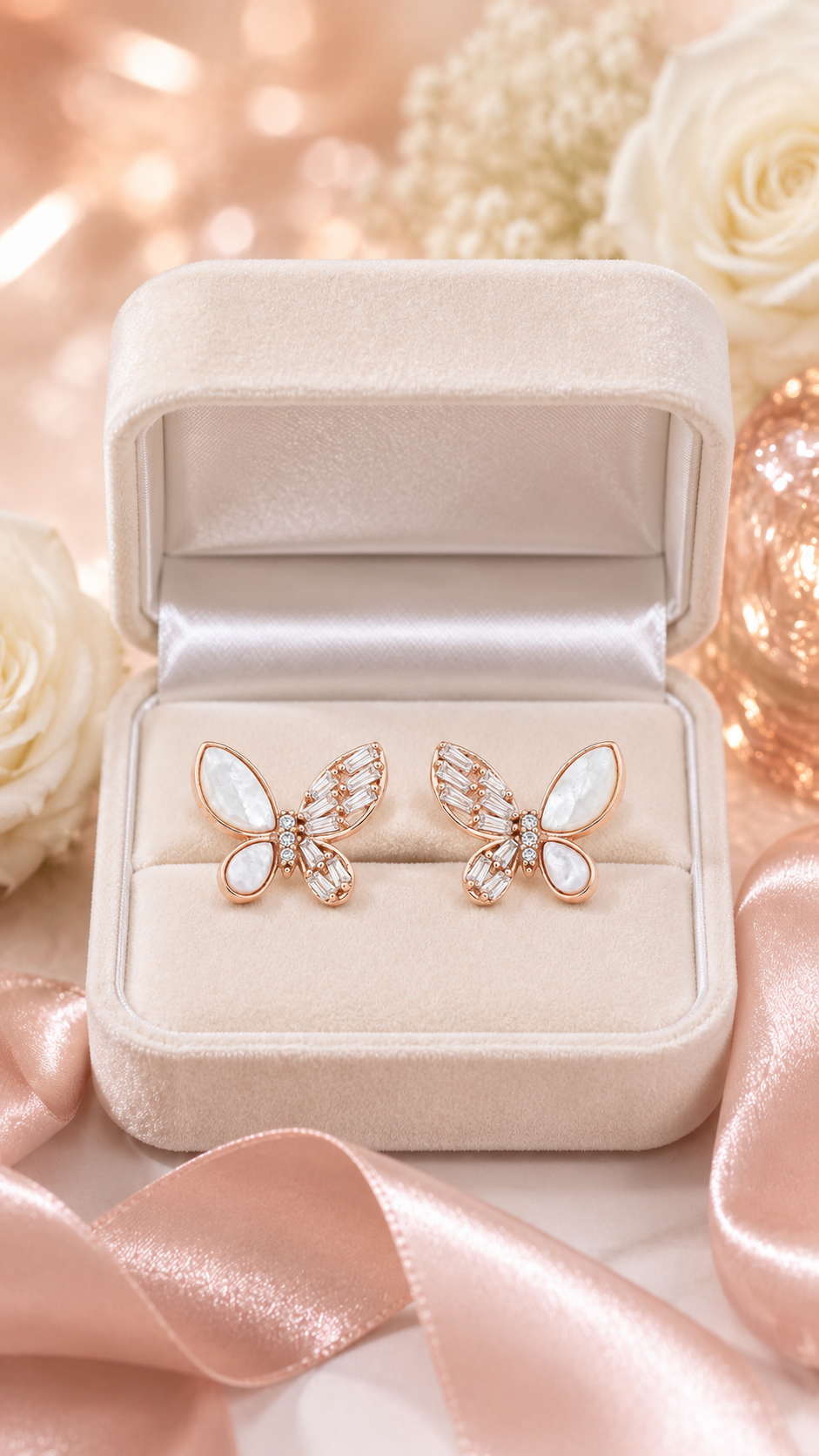 Elegant Rose Gold Mother of Pearl & CZ Butterfly Stud Earrings