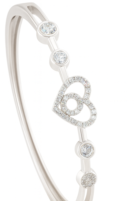 Silver Heart Zircon Accent Bangle for Women