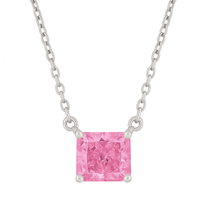 925 Silver Pink Solitaire Princess-Cut Pendant Necklace for Women – Elegant Minimal Design