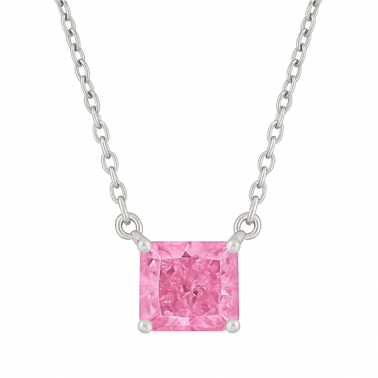 925 Silver Pink Solitaire Princess-Cut Pendant Necklace for Women – Elegant Minimal Design