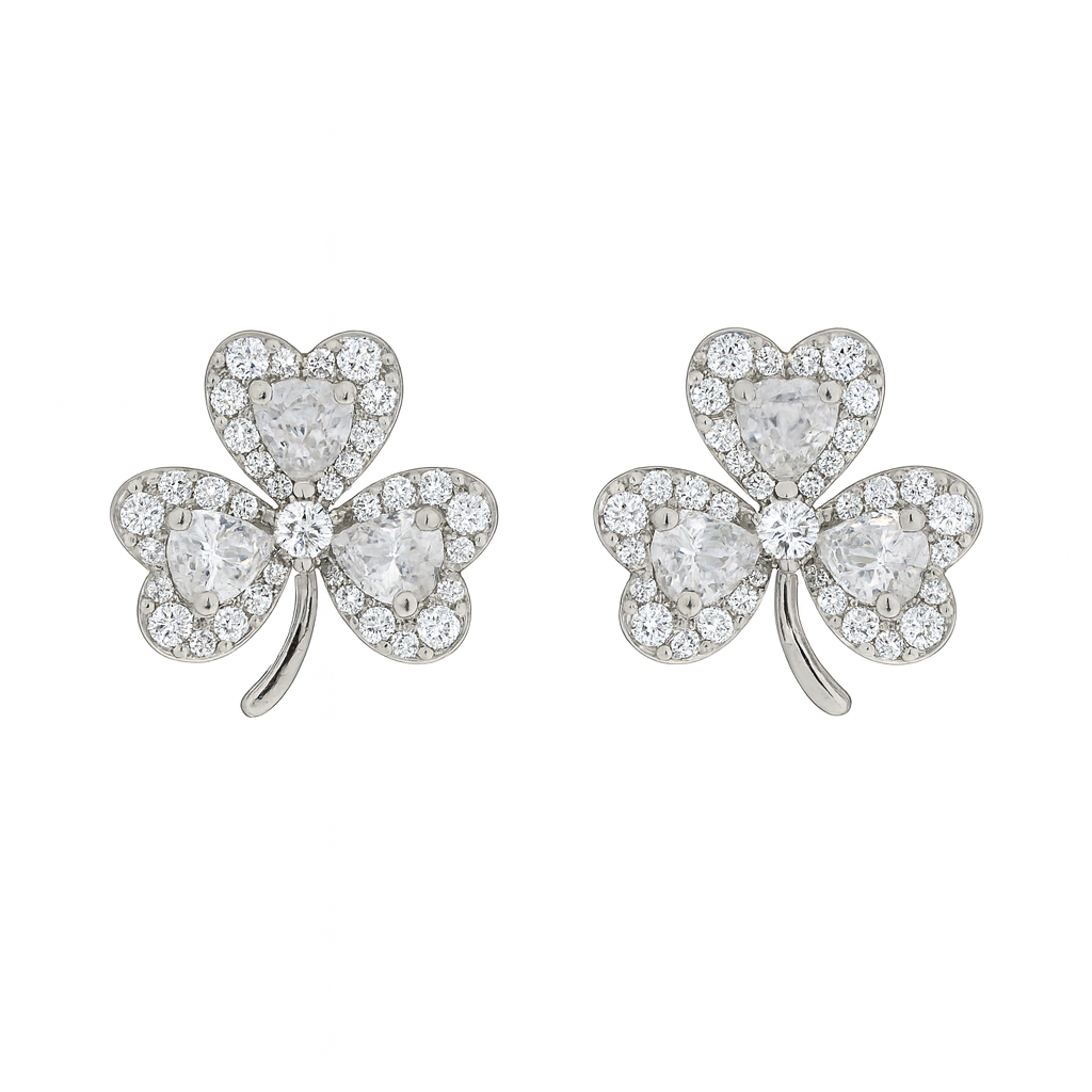 Elegant Silver Clover Stud Earrings for Women | Sparkling CZ Heart Petals | Daily Wear & Gifting Jewelry