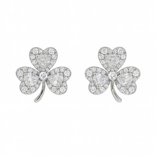 Elegant Silver Clover Stud Earrings for Women | Sparkling CZ Heart Petals | Daily Wear & Gifting Jewelry