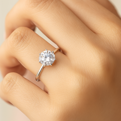 Classic Solitaire Silver Ring with Round Cut Stone