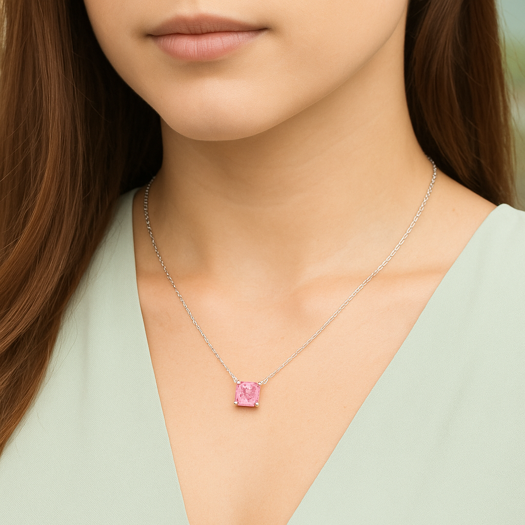 925 Silver Pink Solitaire Princess-Cut Pendant Necklace for Women – Elegant Minimal Design