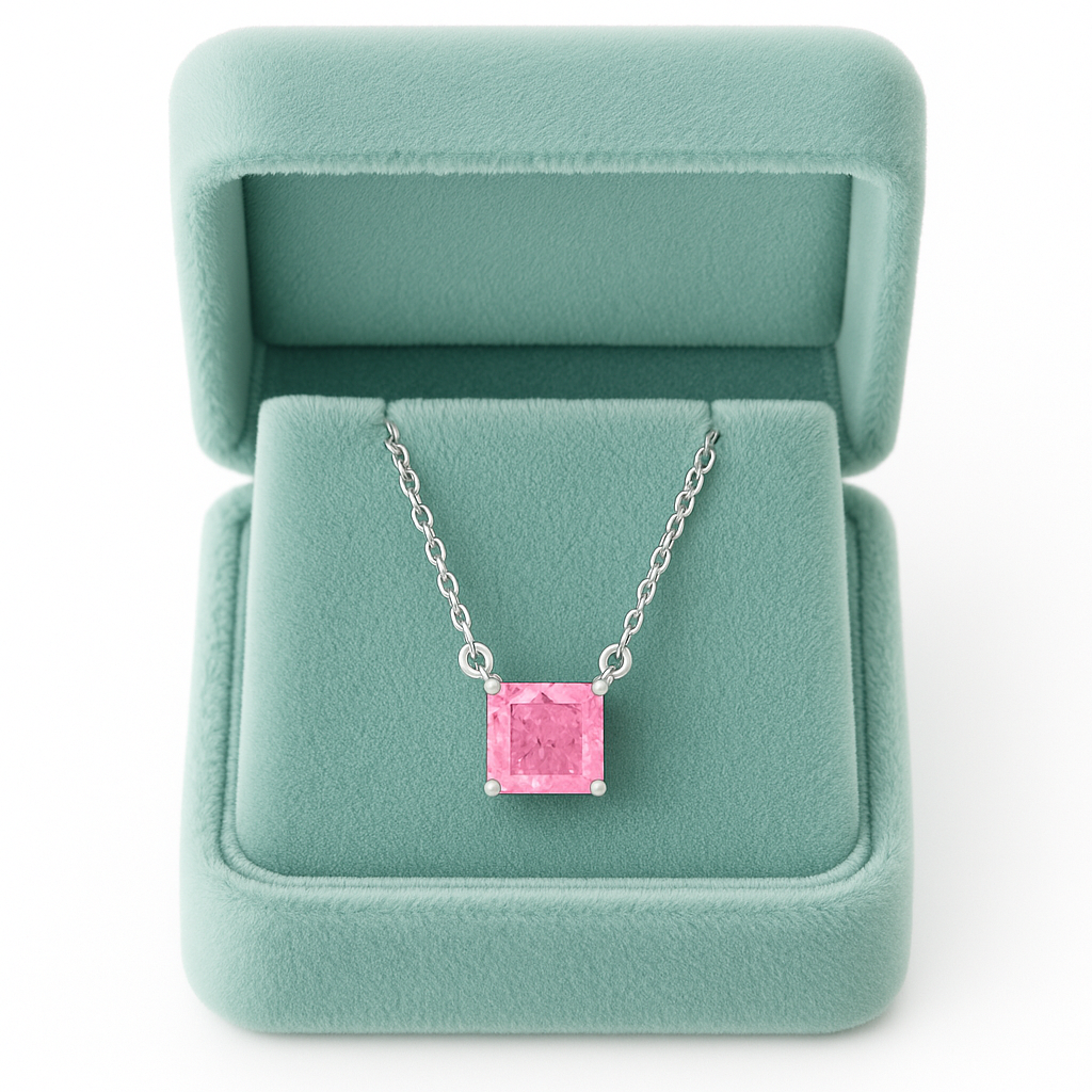 925 Silver Pink Solitaire Princess-Cut Pendant Necklace for Women – Elegant Minimal Design