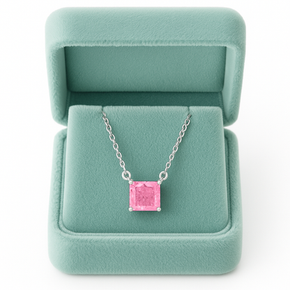 925 Silver Pink Solitaire Princess-Cut Pendant Necklace for Women – Elegant Minimal Design