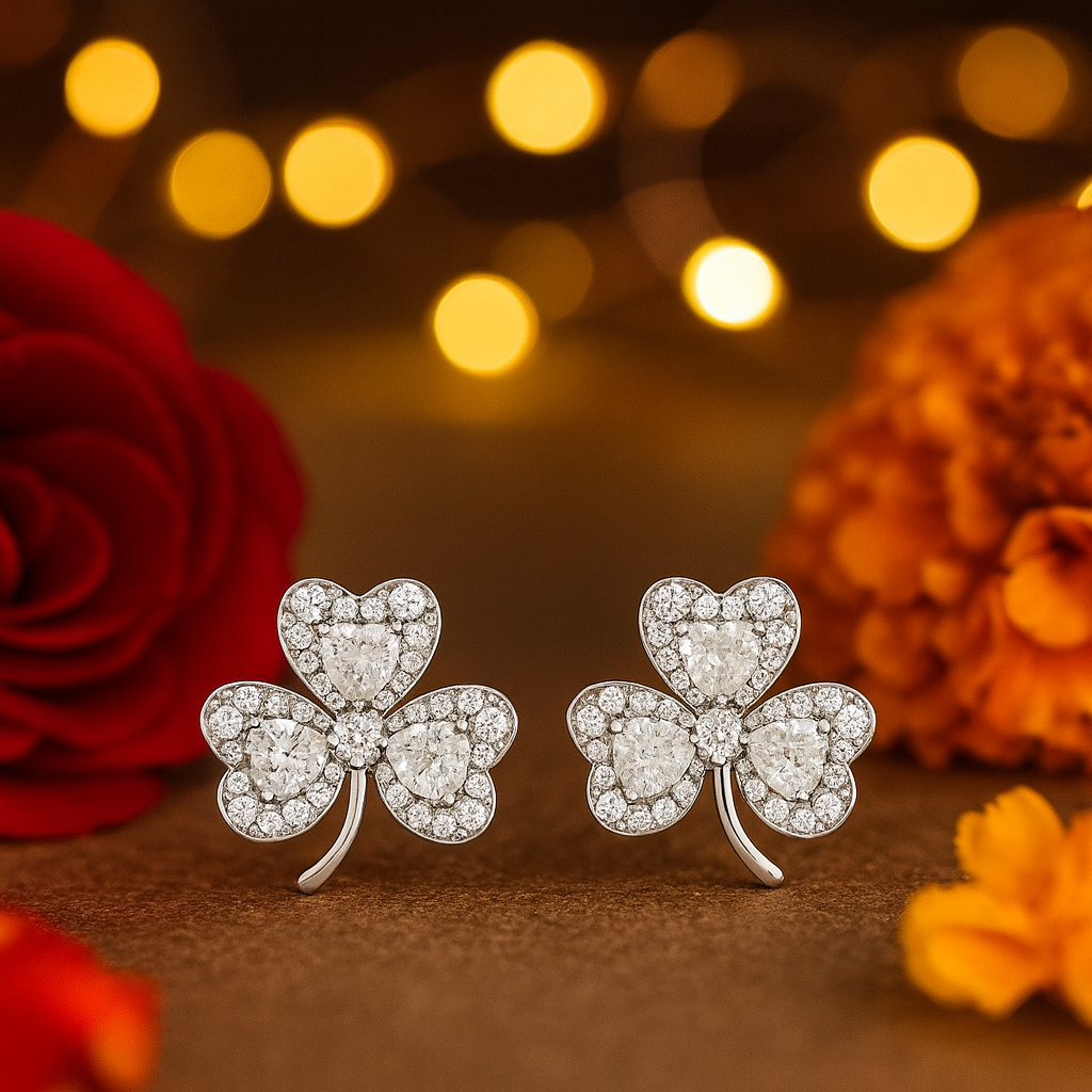 Elegant Silver Clover Stud Earrings for Women | Sparkling CZ Heart Petals | Daily Wear & Gifting Jewelry