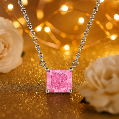 925 Silver Pink Solitaire Princess-Cut Pendant Necklace for Women – Elegant Minimal Design