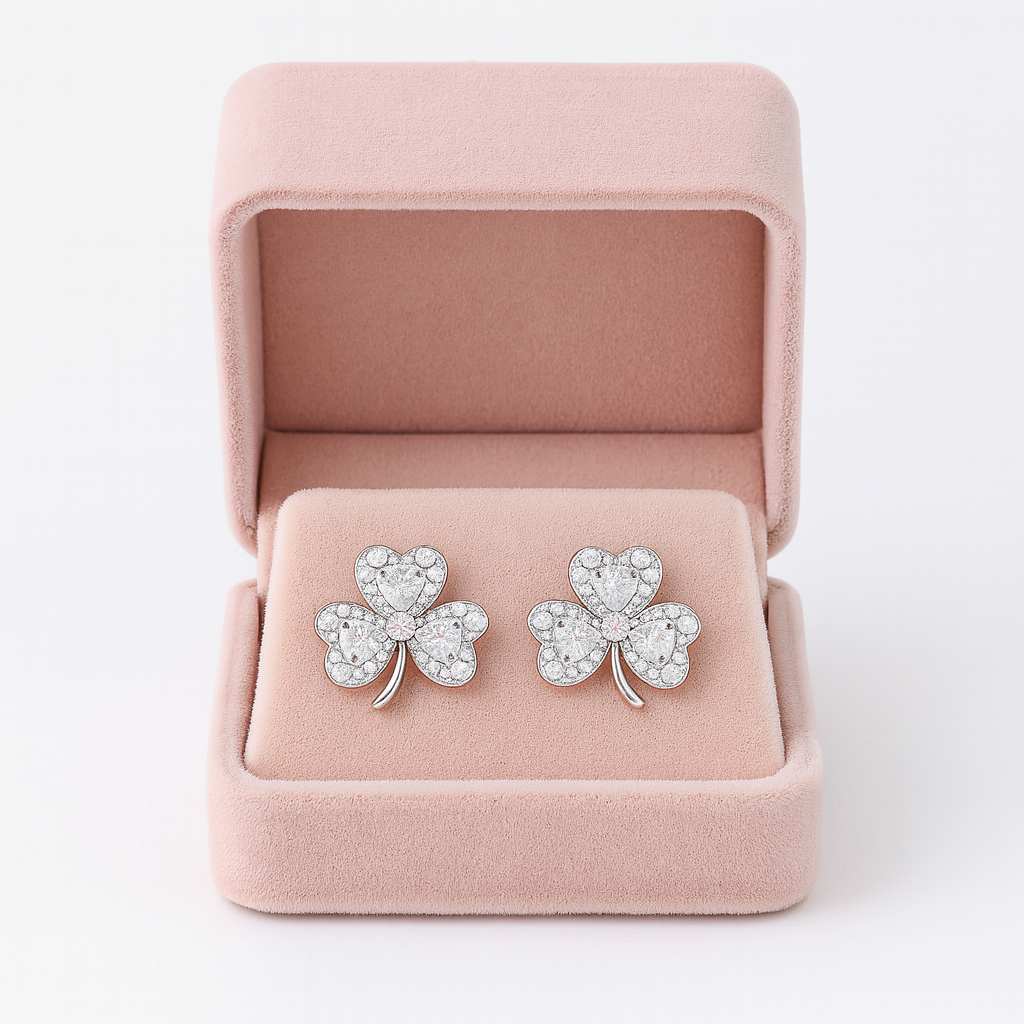 Elegant Silver Clover Stud Earrings for Women | Sparkling CZ Heart Petals | Daily Wear & Gifting Jewelry