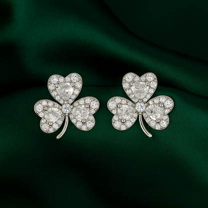 Elegant Silver Clover Stud Earrings for Women | Sparkling CZ Heart Petals | Daily Wear & Gifting Jewelry